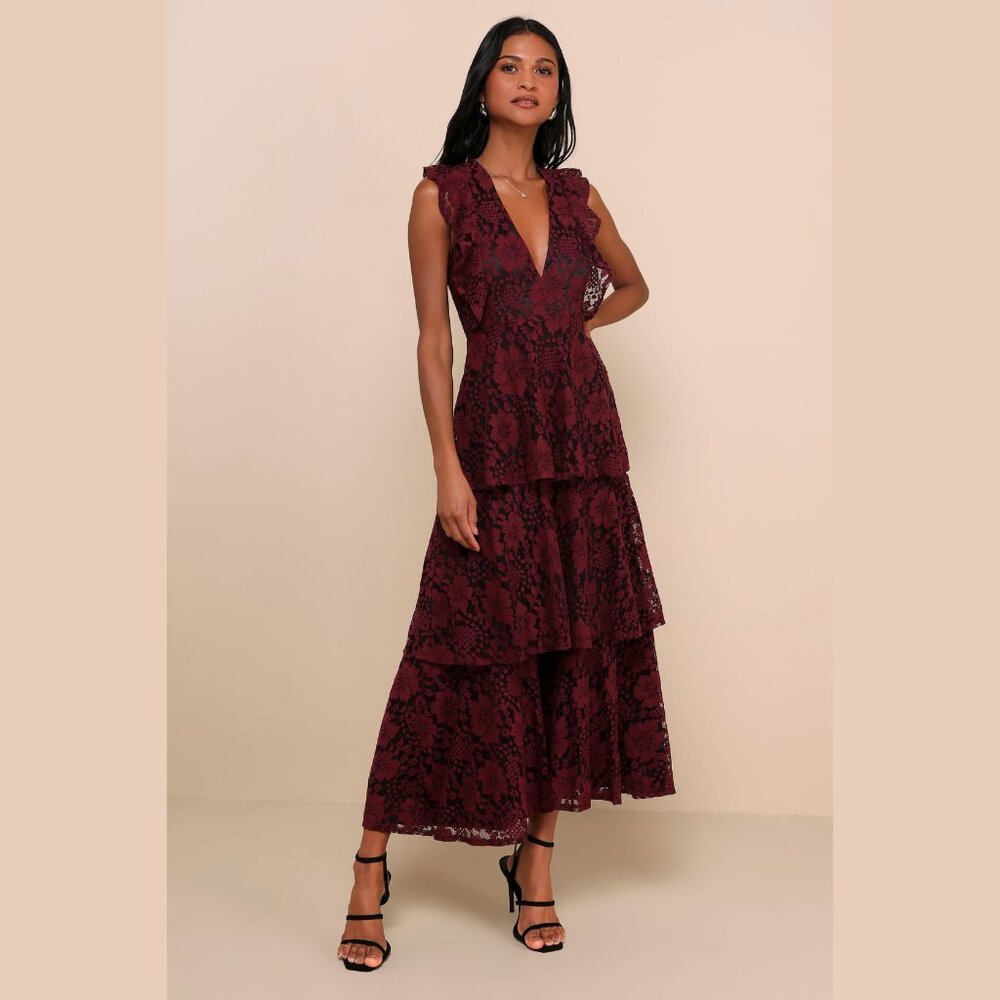 Lulu's Molinetto Burgundy Lace Ruffled Tiered Sleeveless Maxi Dress - Small